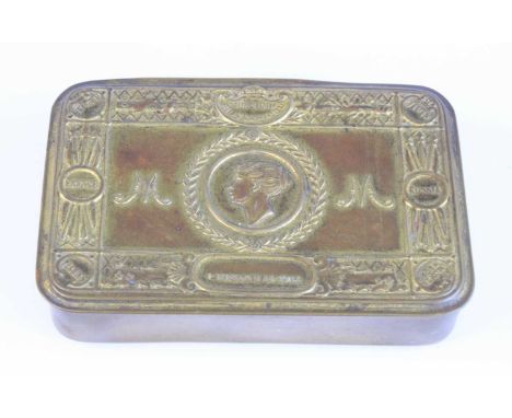 A WW I Princess Mary Christmas gift tin, containing an "Active Service" Testament 1914-1915, the end page with portrait photo