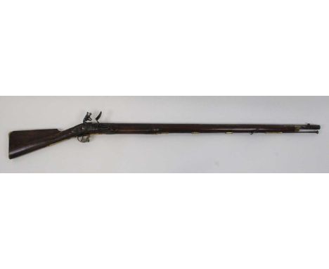 An 18th century Land Pattern Brown Bess flintlock musket, having a 107cm sighted steel barrel with various proof marks and ra