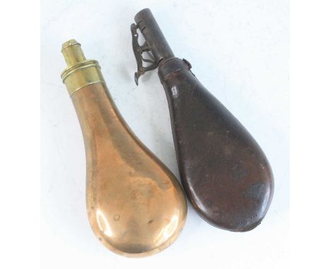 A 19th century copper powder flask, of typical pear shape, the brass nozzle measuring 2 - 2 1/2 drams, stamped J.S. Riley Pat