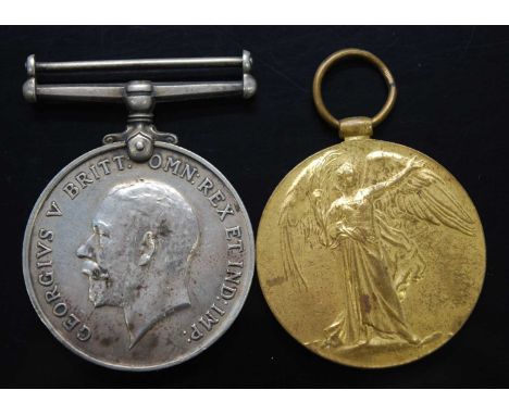 Two WW I British War and Victory pairs, naming 266983 PTE. F.C. FECK MIDD'X R. and 345783 A. CPL. A.J. MOORE LABOUR CORPS. (4