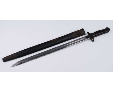 A British 1907 pattern bayonet the 43cm single edged fullered blade marked to the ricasso with a crown over GR and various Or
