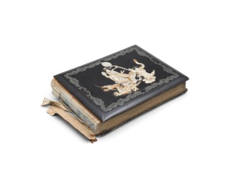 A JAPANESE MOTHER OF PEARL AND IVORY INLAID SHIBAYAMA CASED ALBUM, c.1900, decorated in relief and filled with an assorted co