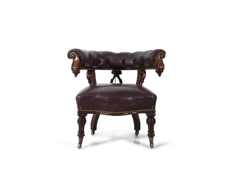 A REGENCY SCOOP BACK OFFICE CHAIR, the padded button back top rail supported by carved lyre splat, above close-nail leather s