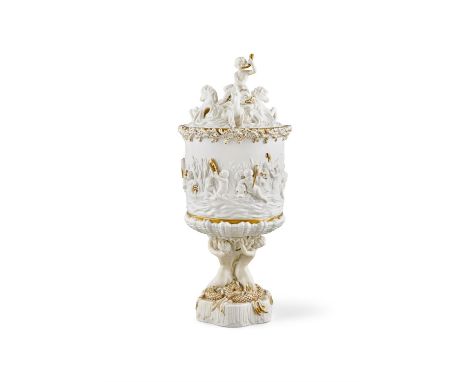 A BELLEEK FIRST PERIOD PRINCE OF WALES ICE PAIL AND COVERthe body decorated in low relief depicting putto and fish frolicking