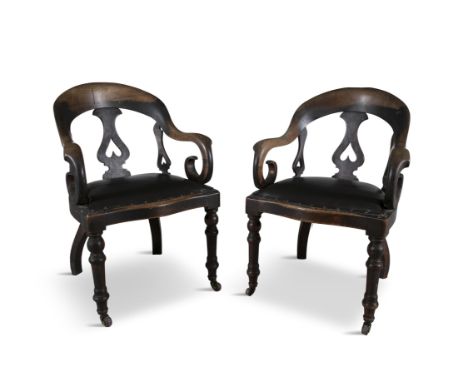 A PAIR OF VICTORIAN MAHOGANY OPEN OFFICE ARMCHAIRS STAMPED 'R HOVENDON & SONS, LONDON'with central splat backs upholstered se