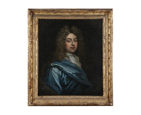 ATTRIBUTED TO SIR GODFREY KNELLER (1646-1723)Portrait of a wigged gentleman dressed in a white cravat and blue robes painted 