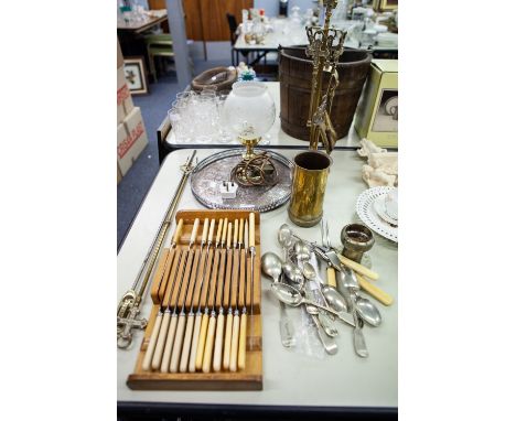 METAL WARES, MIXED LOT, including: VINERS ELECTROPLATED CIRCULAR, GALLERIED TRAY, 'COALITE' FOUR PIECE BRASS FIRESIDE COMPANI