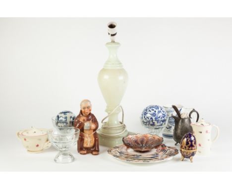 AN ALABASTER ELECTRIC TABLE LAMP, ALSO A SELECTION OF CHINA, GLASS WARE PLATED CUTLERY AND AN E.P.B.M. JUG 