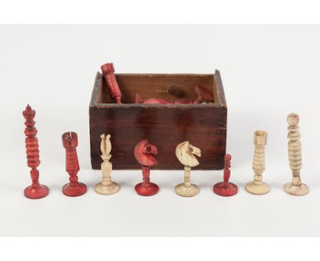 NATURAL AND RED STAINED TURNED BONE CHESS SET, height of king, 2 ¾" (7cm) high, red queen a/f, together with FOUR SIMILAR CRI