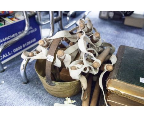 A BRASS JAM PAN AND A CORD 'ROPE' LADDER WITH WOODEN RUNS