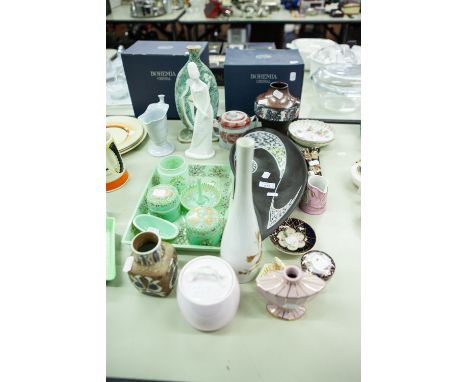 SPODE JAR AND COVER, SPODE JUG, ROYAL COPENHAGEN VASE, WEST GERMAN VASE, DRESSING TABLE SET, GREEN WITH FLOWERS AND VARIOUS O