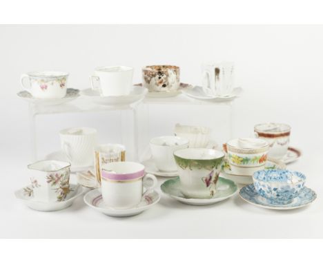 COLLECTION OF THIRTY VICTORIAN AND LATER CERAMIC MOUSTACHE CUPS AND SAUCERS, including: Baden Powell, Souvenirs from Kendal a