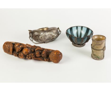 ORIENTAL CARVED SOFTWOOD GROUP, modelled as figures with persimmon fruit on a ceremonial boat, 10" (25.4cm) long, together wi