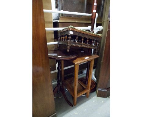 A TABOURET OBLONG FOOTSTOOL, A MODERN TRIPOD WINE TABLE, ANOTHER SMALL TABLE, AND A STANDARD LAMP 