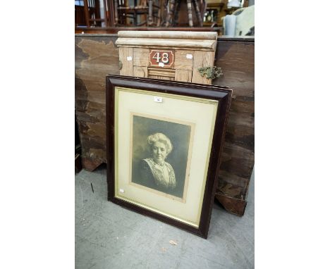 TWO FRAMED PORTRAIT PRINTS, IN MAHOGANY FRAMES AND A WOODEN PANEL DOOR (3) 