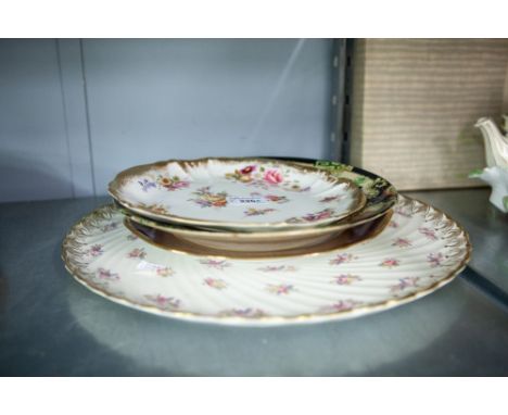 LARGE ROUND SERVING CERAMIC PLATE, DECORATED WITH FLOWERS, LIMOGES PLATE AND TWO OTHERS (4) 