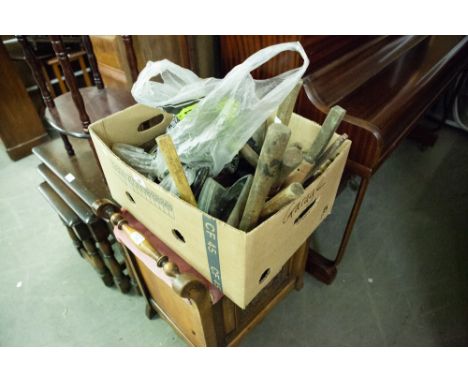 A LARGE QUANTITY OF HAND TOOLS TO INCLUDE; A  RANGE IRON, COBBLERS LAST, BLOW LAMP, HAMMERS, FILES, SPANNERS ETC..... 