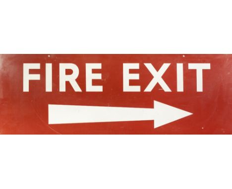 RED ENAMELLED METAL LARGE 'FIRE EXIT' OBLONG WALL SIGN, with arrow and two mounting holes to the top, 15" x 42 ¼" (38cm x 107
