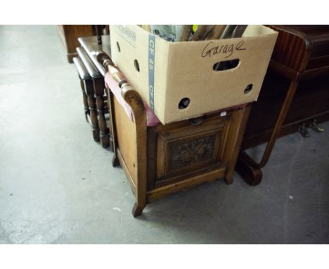 A CARVED WALNUTWOOD PIANO STOOL WITH HOPPER FRONT 