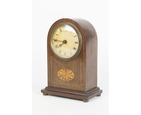 EDWARDIAN INLAID MAHOGANY SMALL MANTLE CLOCK, the 3 ¼" Roam dial powered by a drum shaped movement and housed in a mile stone