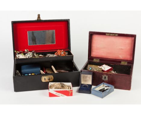 TWO VINTAGE BOXES - BOTH CONTAINING A LARGE COLLECTION OF COSTUME JEWELLERY TO INCLUDE; BANGLES, RINGS, NECKLACES ETC..... 