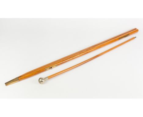 MODERN BRASS MOUNTED POLISHED HARDWOOD MILITARY PACING STICK, together with a SWAGGER STICK WITH REGIMENT EMBOSSED ELECTROPLA