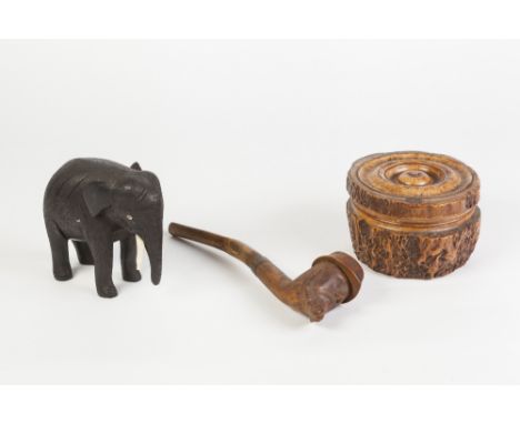 TURNED BURRWOOD CIRCULAR TOBACCO JAR AND COVER, 3" (7.6cm) high, 4 ¼" (10.8cm) diameter, together with a CARVED FRUITWOOD PIP