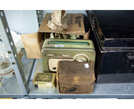 PYE VINTAGE PORTABLE RADIO; KODAK '120 SIMPLE' BOX CAMERA, in canvas case, A CREAM ENAMELLED KITCHEN BALANCE SCALES AND WEIGH