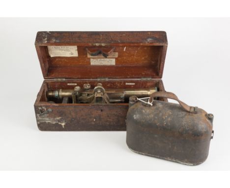 AN EARLY TWENTIETH CENTURY WOODEN BOXED E.R. WATTS AND SON, LONDON ALL BRASS SURVEYORS LEVEL, and ANOTHER metal cased instrum