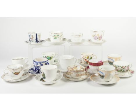 COLLECTION OF THIRTY VICTORIAN AND LATER CERAMIC MOUSTACHE CUPS AND SAUCERS, including: Edward VII coronation, Souvenirs from