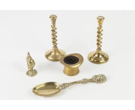 ANTIQUE COPPER PEN WIPER, in the form of a top hat; BRASS PIPE DAMPER in the form of a cockerel; an old rat tail pattern cast
