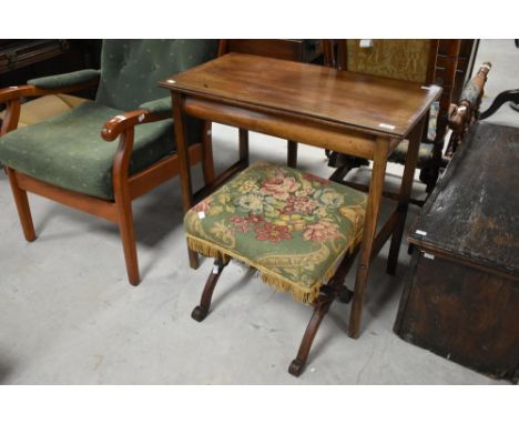 A late 19th or early 20th Century mahogany side table , approx 75 x 39cm and A Victorian mahogany X frame stool with vintage 