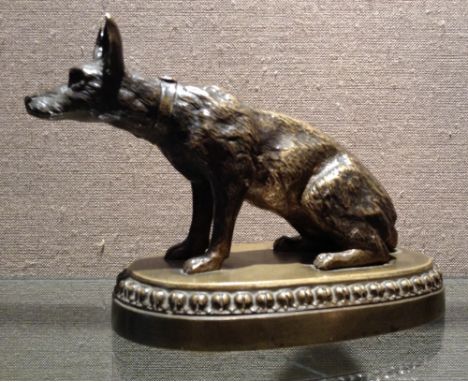 A 19TH CENTURY FRENCH BRONZE ALSATIAN DOG Seated on a decorative plinth.  (approx 18cm x 12cm)