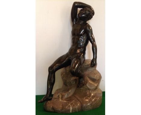 AFTER BARBERINI, A LARGE 19TH CENTURY BRONZE FIGURE 'The Sleeping Fawn', resting on a grey variegated marble base. (approx h 