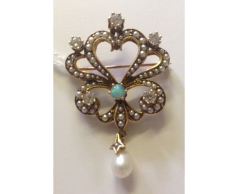 A 20TH CENTURY YELLOW METAL, DIAMOND, OPAL AND PEARL BROOCH Set with five round cut diamond, a central opal, multi seed pearl