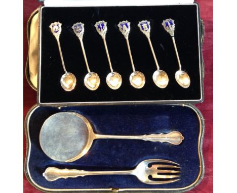A 20TH CENTURY SET OF SIX STERLING SILVER ENAMELLED TEASPOONS Including India, Madras, Calcutta, Agra, Bombay and Delhi, boxe
