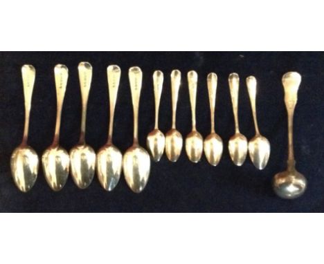 THREE GEORGIAN SILVER TABLESPOONS G.B., London, 1829, along with three silver tablespoons, T.H.G.H., London, 1827, four Peter