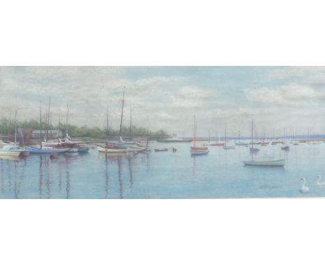 R. CAMPBELL, A 20TH CENTURY PASTEL Coastal scene, with sailing boats and two swans in foreground, framed and glazed.  (65cm x