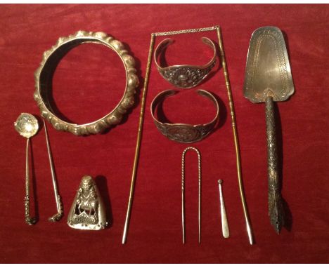 AN INTERESTING GROUP OF ORIENTAL AND OTHER SILVER AND WHITE METAL ITEMS  To include a pair of pearl inlaid implements, a myth