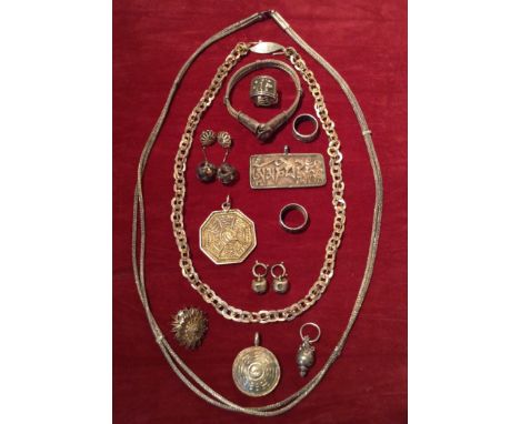 A COLLECTION OF ORIENTAL AND OTHER SILVER JEWELLERY To include a rope twist necklace and bracelet, pendants, a panel ring, de