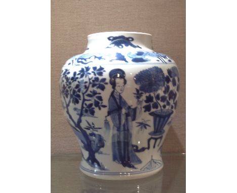 PROPERTY OF A PRIVATE ENGLISH COLLECTOR: A KANGXI PERIOD BLUE AND WHITE VASE Decorated with maidens in garden settings. (h 23