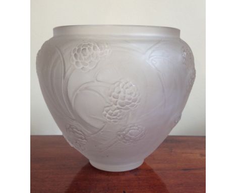 RENÉ LALIQUE, A 20TH CENTURY FROSTED GLASS VASE Embossed with flower heads and leaves, marked 'R. Lalique' and bearing engrav