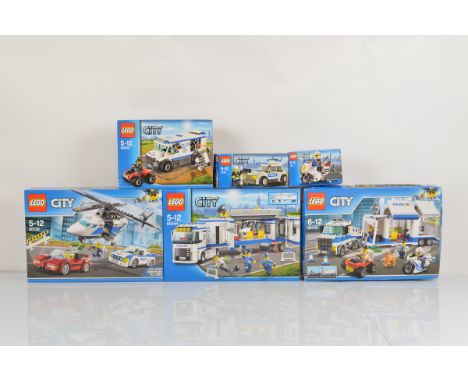 Six boxed Lego City models, including two x Mobile Command Center 60139 one unopened the other opened but all packets are sti