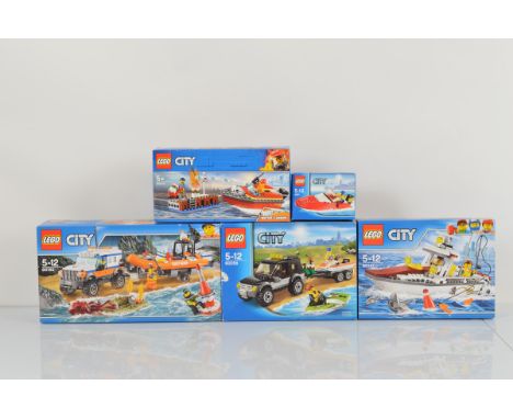 Five boxed Lego City models, including 4 x 4 Response Unit 60165 opened still in sealed polybags with manual, Fishing Boat 60