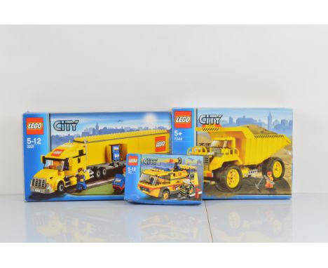 Three boxed Lego City models, including Airport Fire Engine 7891 opened with manual and unchecked, City Truck 3221 opened wit