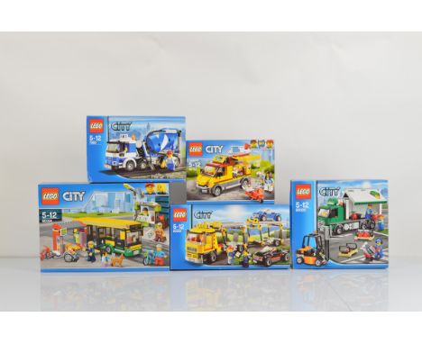 Five boxed Lego City models, including Bus Station 60154 unopened, Pizza Van 60150 unopened, Cargo Truck 60020 opened with ma