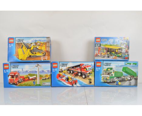Five boxed Lego City models, including Bus Station 60154 opened with manual and unchecked, Off Road Fire Truck and Fire Boat 