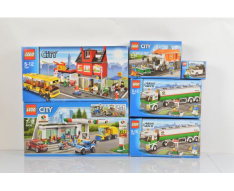 Six boxed Lego City models, including City Corner 7641 opened with manual and unchecked, Service Station 60132 unopened, 2 x 