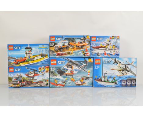 Six boxed Lego City models, including Heavy Cargo Transport 60183 opened with manual, unchecked, Fishing Boat 60147 unopened 