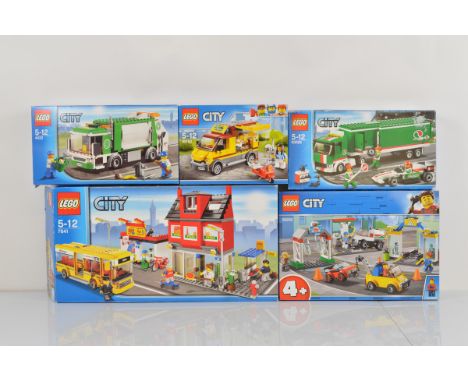 Five boxed Lego City models, including City Corner 7641 opened with manual and unchecked, Garage Center 60232 unopened, Truck
